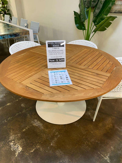 Pisa teak round outdoor dining table with six Aldo armchairs in Black November Sale at Taste Furniture Adelaide