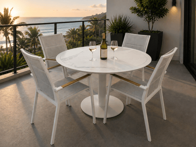 Marbella Outdoor Sling Dining Chair with aluminum frame, teak armrests, and quick-dry all-weather sling in charcoal color