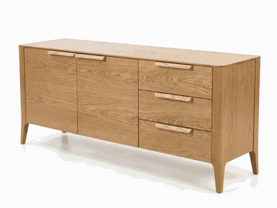 Porto Buffet in natural oak with optional white marble ceramic top, elegant modern dining storage furniture