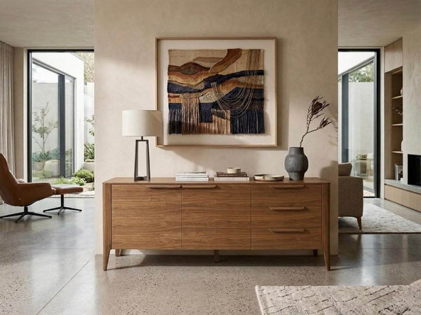 Porto Buffet in American Black Walnut with optional white marble ceramic top, modern dining storage unit