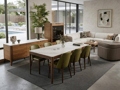 Porto Dining Table made of American Black Walnut with optional white marble ceramic top and modern design