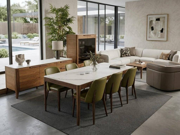 Porto Dining Table made of American Black Walnut with optional white marble ceramic top and modern design