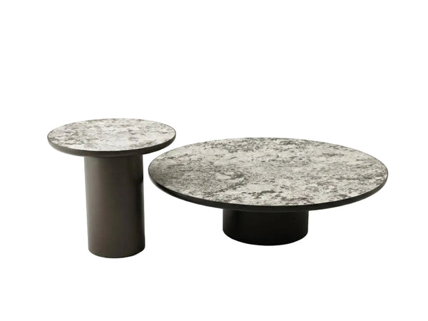 Prado ceramic coffee table and side table with ceramic tops and varying diameters