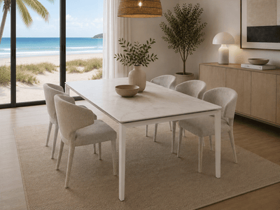 Rivoli Dining Table with black powder-coated steel base and Spanish ceramic top