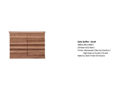Salta Buffet in solid timber, small size, 2 drawers, 2 doors, natural wood finish.