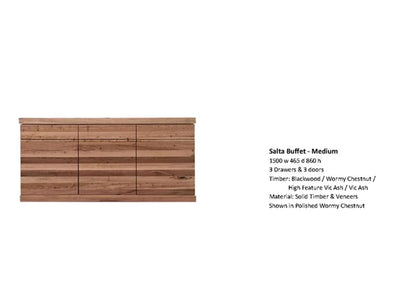 Salta Buffet in polished Wormy Chestnut with 3 drawers, 3 doors, solid timber and veneers.