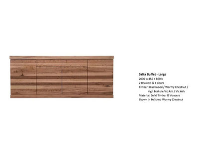 Salta Buffet in polished Wormy Chestnut, large size with 2 drawers and 4 doors, crafted from solid timber and veneers.