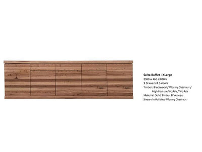Salta Buffet in polished Wormy Chestnut with 5 doors and 3 drawers, crafted from solid timber and veneers.