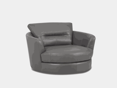 Saphyre Swivel Chair with plush cushioning and sleek, curved silhouette in grey leather.