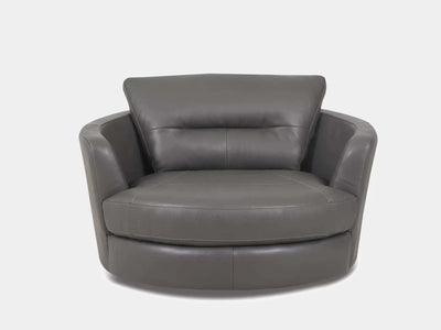 Saphyre Swivel Chair in grey leather with curved silhouette and smooth swivel base.