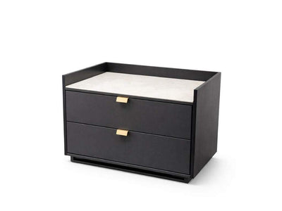 Saviour Bedside Table with marble ceramic top, matte dark grey lacquered front, grey wash oak veneer, brass handles, and soft-close drawers