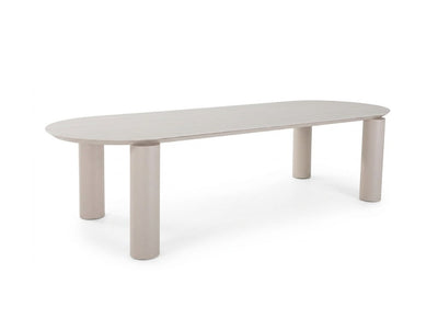 Scotland Outdoor Ceramic Table with sand powder-coated aluminium frame and travertine ceramic top, large rounded rectangular design.