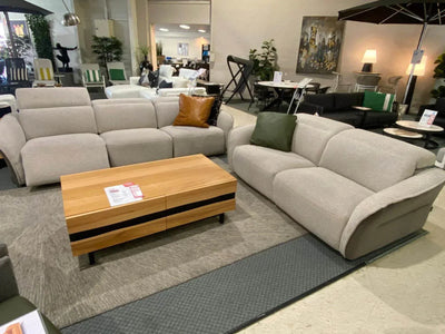 Serena 4.5 seater recliner sofa and 2.5 seater fixed fabric sofa set in light grey with cushions and wooden coffee table clearance sale
