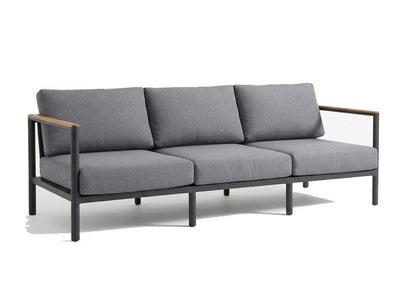 Sierra 3 Seater Outdoor Sofa with dark grey fabric cushions, black metal frame, and teak wood arm trims in a modern design