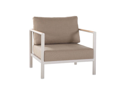 Sierra 1 Seater Outdoor Sofa with white aluminum frame, beige cushions, and teak arm trims in a modern design