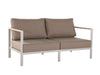 Sierra 2 Seater Outdoor Sofa with beige fabric cushions on a light grey aluminum frame with teak arm trim and modern design.
