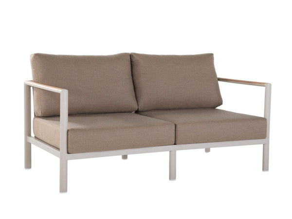 Sierra 2 Seater Outdoor Sofa with beige fabric cushions on a light grey aluminum frame with teak arm trim and modern design.