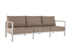 Sierra 3 Seater Outdoor Sofa with white aluminum frame, beige fabric cushions, and teak arm trim in a modern design.