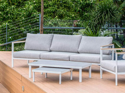 Sierra 3 Seater Outdoor Sofa with durable aluminum frame and grey cushions on patio deck.