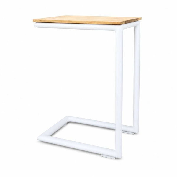 Sierra Outdoor Teak C Side Table with teak wood top and powder-coated aluminium frame in charcoal, white, and sand colors, dimensions W30 x D40 x H57 cm