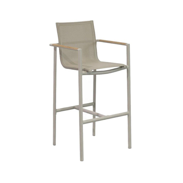 Sierra Outdoor Sling Bar Chair with sand powder-coated aluminium frame, nutmeg French Batyline sling fabric, and teak armrest trim.