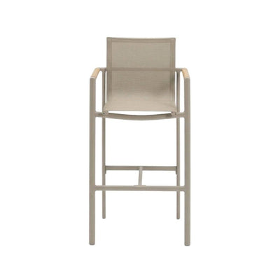 Sierra Outdoor Sling Bar Chair with sand powder-coated aluminium frame, nutmeg sling fabric, and teak armrest trim.
