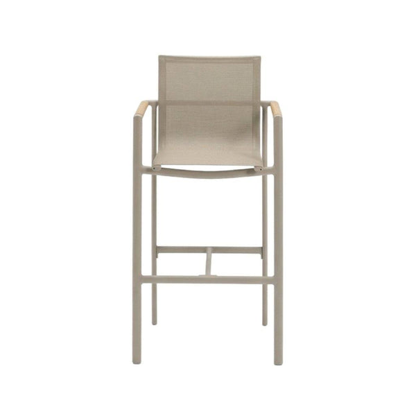Sierra Outdoor Sling Bar Chair with sand powder-coated aluminium frame, nutmeg sling fabric, and teak armrest trim.