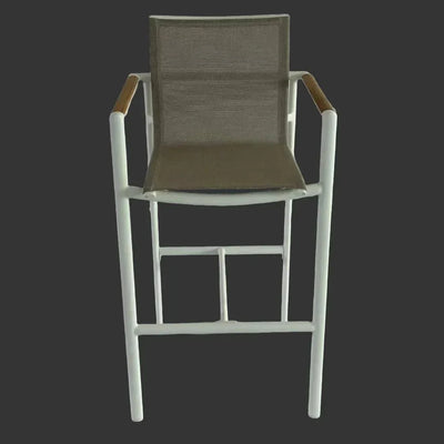 Sierra Outdoor Bar Chair with white frame and brown fabric seat and wooden armrests