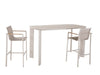 Sierra Outdoor Bar Table with sand powder-coated aluminium frame and Travertine ceramic top, paired with matching high chairs.