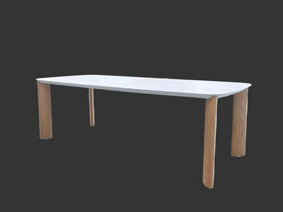 Sierra Outdoor Bar Table with white top and wooden legs
