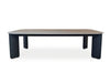 Sierra Outdoor Ceramic Coffee Table with a charcoal aluminum frame and brown wood-look ceramic top, rounded edges