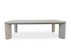Sierra Outdoor Ceramic Coffee Table with a sand-coloured aluminum frame and pale travertine ceramic top, four legs