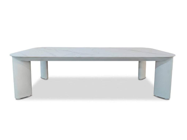 Sierra Outdoor Ceramic Coffee Table with white aluminum frame and marble-effect ceramic top, rounded rectangular design