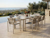 Sierra outdoor ceramic dining table in Sand with travertine ceramic top and matching dining chairs
