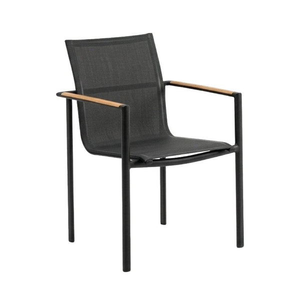 Sierra Outdoor Sling Dining Chair with charcoal powder-coated aluminium frame, charcoal sling fabric, and wooden armrest accents.