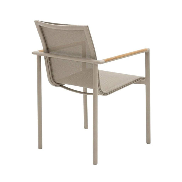 Sierra Outdoor Sling Dining Chair with sand powder-coated aluminium frame and nutmeg French Batyline sling fabric, featuring wooden armrests.