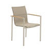 Sierra Outdoor Sling Dining Chair with sand powder-coated aluminium frame, nutmeg French Batyline sling fabric, and wooden armrests.