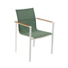 Sierra Outdoor Sling Dining Chair with white powder-coated aluminum frame, green French Batyline sling fabric, and wooden armrest accents.