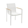 Sierra Outdoor Sling Dining Chair with white powder-coated aluminium frame, white sling fabric, and wooden armrest accents.