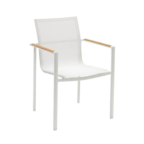 Sierra Outdoor Sling Dining Chair with white powder-coated aluminium frame, white sling fabric, and wooden armrest accents.