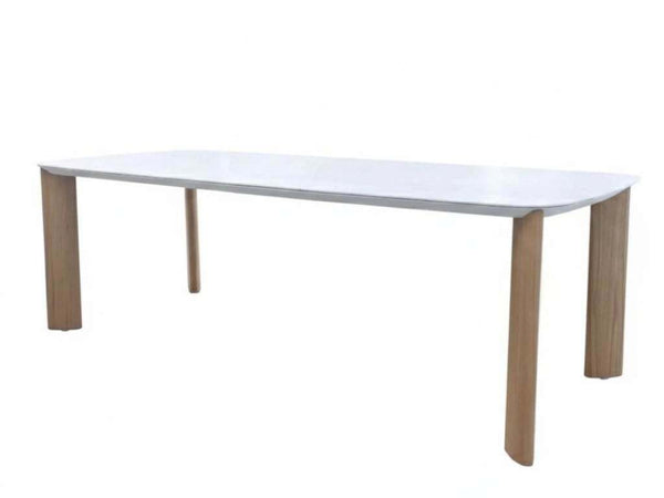 Sierra Outdoor Ceramic Dining Table with 6mm thick travertine ceramic top and wooden legs