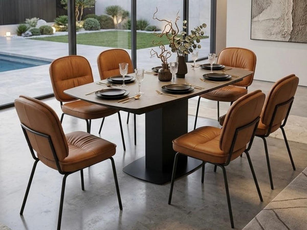 Soho extendable ceramic top dining table with white marble finish and powder-coated steel base