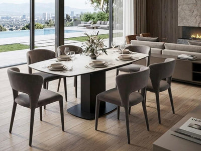 Soho extendable ceramic top dining table with white marble finish and steel base