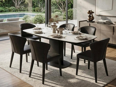 Soho extendable ceramic top dining table with white marble finish and steel base