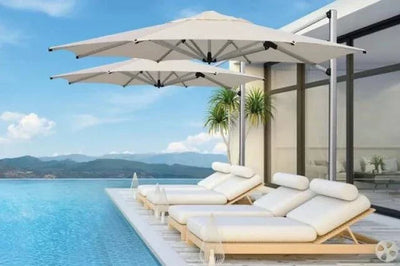SU4 Tilting Offset Outdoor Umbrella with adjustable tilt and rotation by poolside with white canopy and lounge chairs