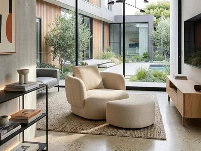 Sussex Swivel Chair with Ottoman in contemporary design with plush cushioning and 360-degree swivel base