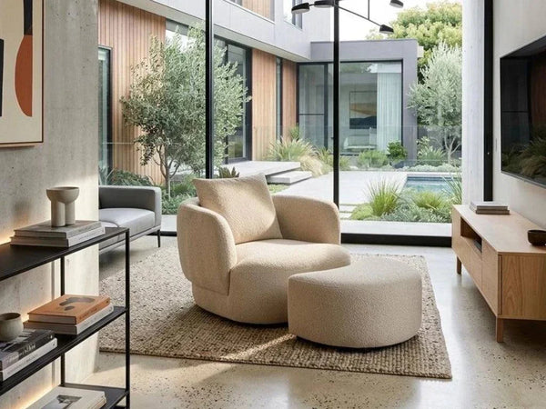 Sussex Swivel Chair with Ottoman in contemporary design with plush cushioning and 360-degree swivel base