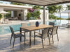 Tahini outdoor extendable teak dining table with premium aluminum frame and thick teak slats in charcoal finish
