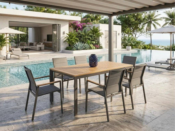 Tahini outdoor extendable teak dining table with premium aluminum frame and thick teak slats in charcoal finish