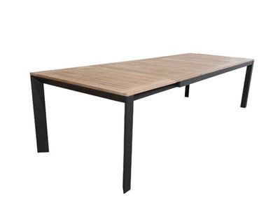Extendable Tahini Outdoor Teak Dining Table with aluminum frame.